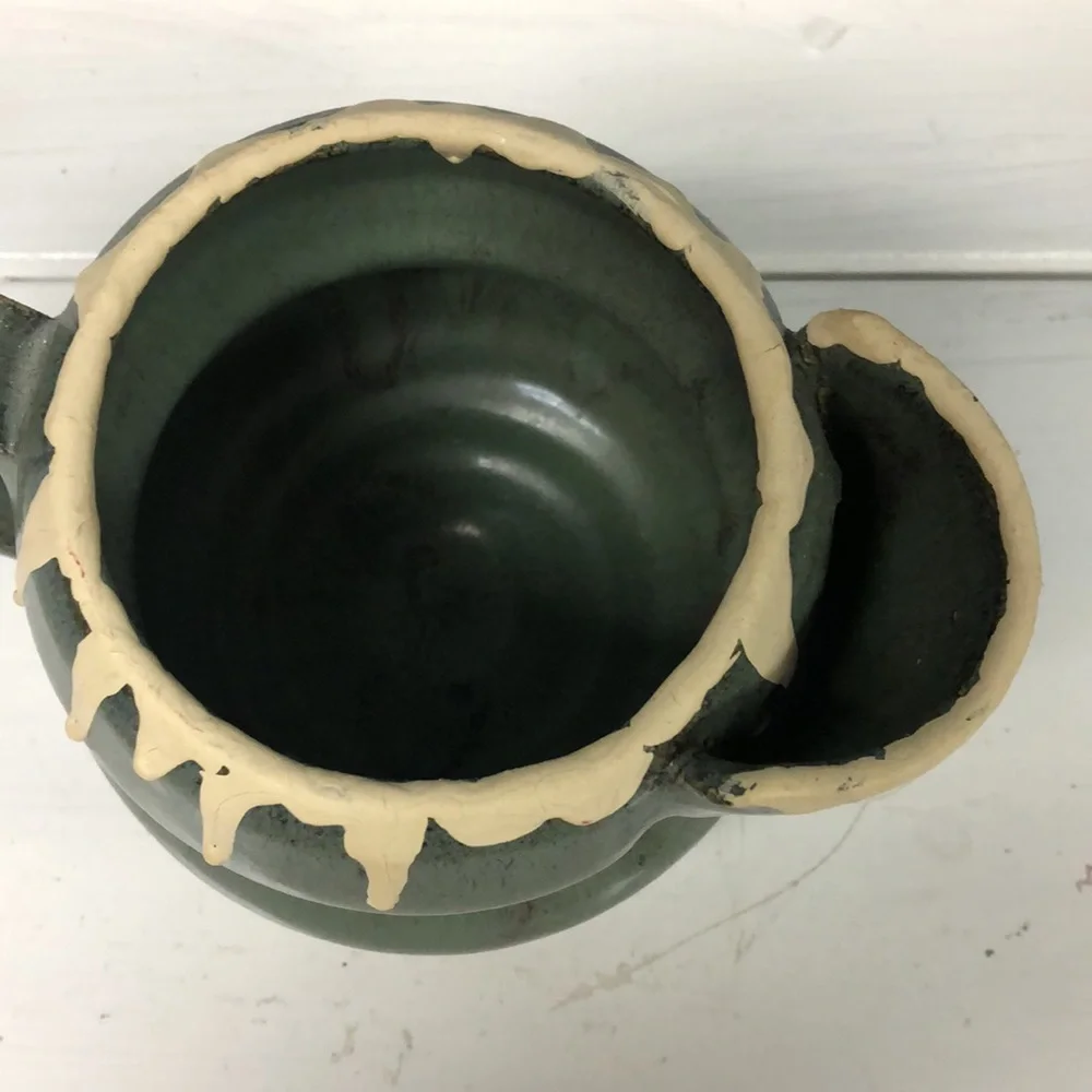 Vintage 5” handmade drip glaze heavy‎ stoneware creamer mug signed